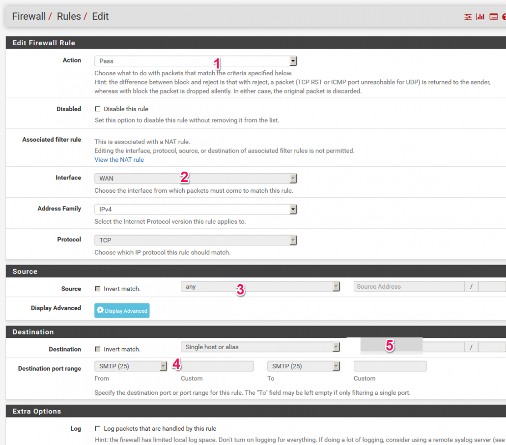 Pfsense Firewall installieren und konfigurieren 19 Die für den SMTP-Verkehr notwendige Regel