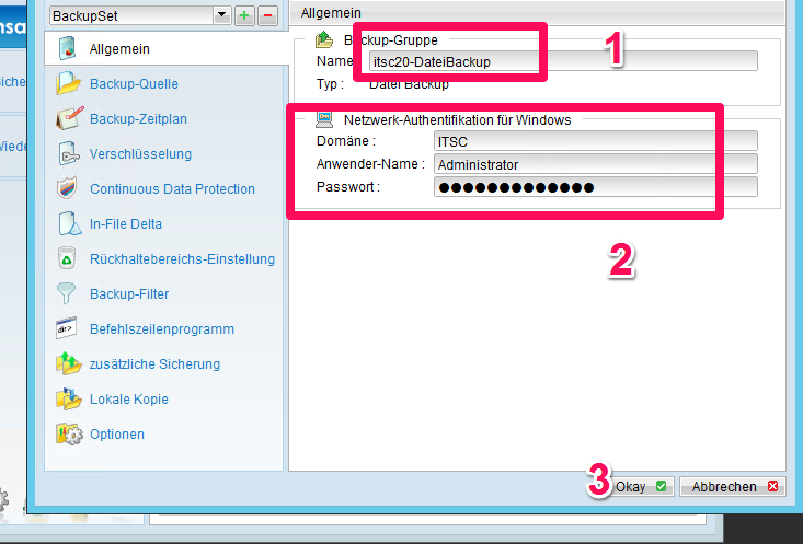 Sicherung von Windows Servern mit Online Backup von ahsay 6 Eingeben der Windows-Konto Informationen in der Online-Backup Software