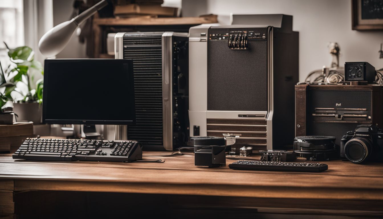 Vintage computer hardware arranged on a cozy desk in a home office.