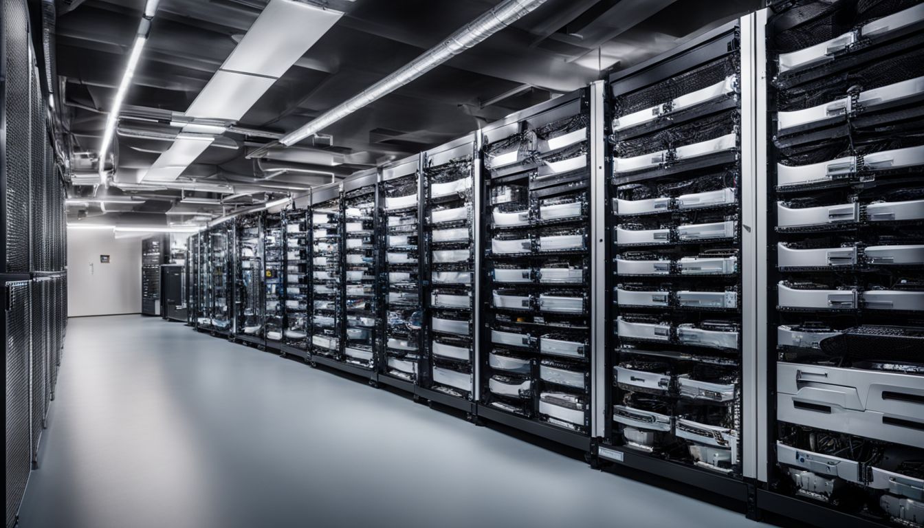 A well-organized server room with backup and recovery equipment.