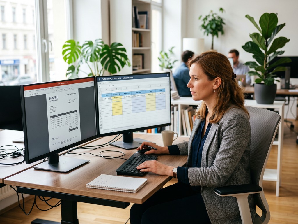 automatisierte-datenextraktion-analystin-dual-monitor-biteno Automatisierte Datenextraktion Analystin Dual Monitor Biteno