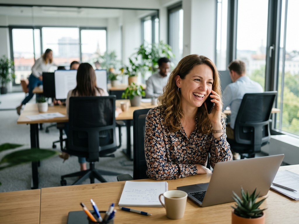 KI Voice Agent glückliche Kundin telefoniert Büro Biteno