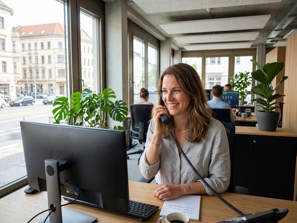 Telefonanlage VoIP Mitarbeiterin telefoniert Büro Biteno