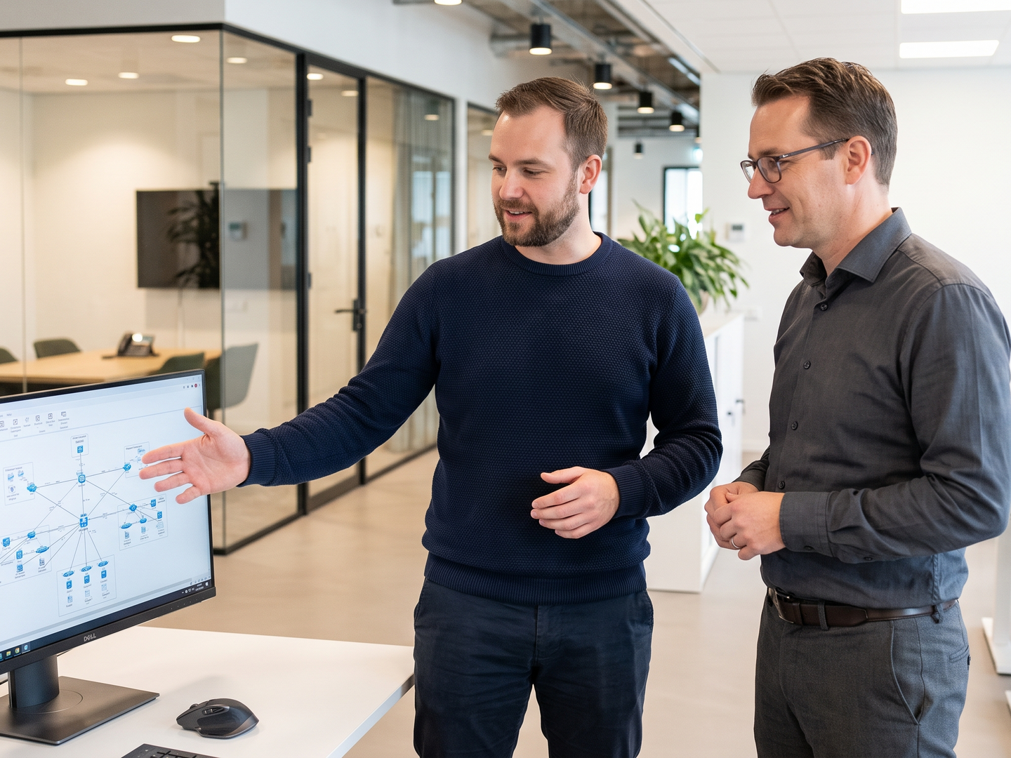 Biteno IT Systems Engineer erklärt Kunden Netzwerkdiagramm am Bildschirm IT Systems Engineer Biteno GmbH erklärt Kunde Netzwerk – Stuttgart