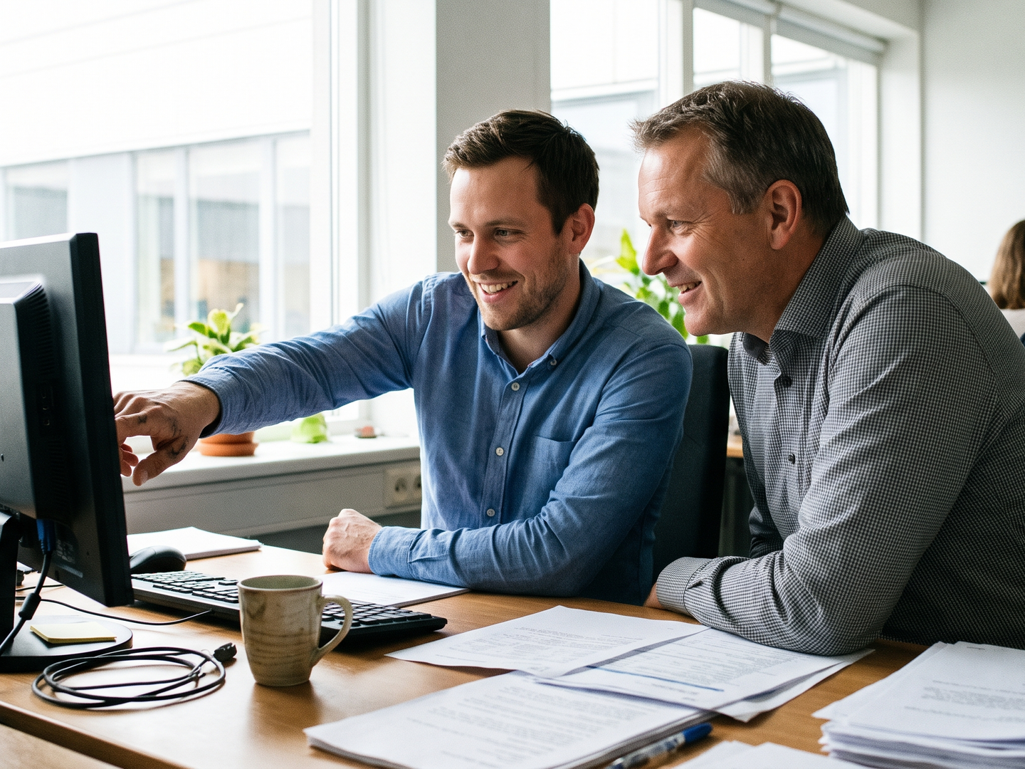 Biteno IT-Team – Senior Engineer und Kollege im hellen Büro mit Fenster Senior IT Engineer und Kollege Biteno GmbH – helles Büro mit Tageslicht, IT Systems Engineer Stuttgart