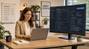 Professionelle Mitarbeiterin bei der MCP-Client-Konfiguration am Laptop mit breitem Monitor