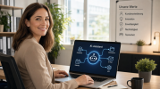 Freundliche Frau am Laptop bedient MCP-Server-Software – KI verbindet sich mit Datenbank, Kalender und API