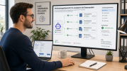 Freundliche Person am Laptop richtet MCP-Client-Verbindung ein – KI-System verbindet sich mit Servern und Datenbanken