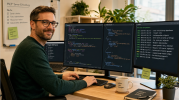 Entwickler baut MCP-Server am Schreibtisch mit Monitoren und Code-Editor