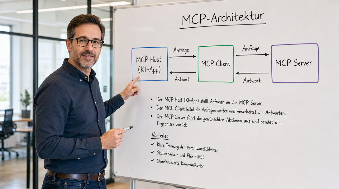 MCP Server: Was ist das Model Context Protocol und was kann man damit machen? 1 IT-Entwickler erklärt MCP-Architektur am Whiteboard: MCP Host, MCP Client und MCP Server