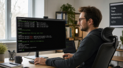 Freundlicher Entwickler an einem modernen Arbeitsplatz mit Terminal-Fenster – STDIO einfach erklärt