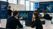 Europäische Technologie-Experten arbeiten gemeinsam an KI-Innovationen in einem modernen Labor