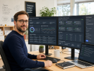 IT-Experte bei der Arbeit mit KI-Agenten und Multi-Agent Memory Dashboards