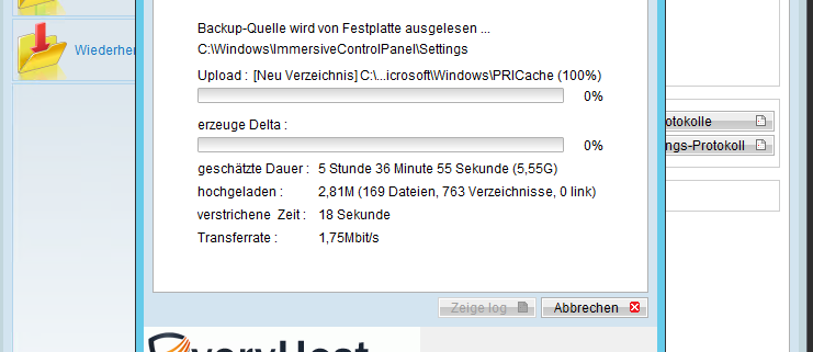 Sicherung von Windows Servern mit Online Backup von ahsay 1 Die Fortschritts-Anzeige der Online-Backup-Software